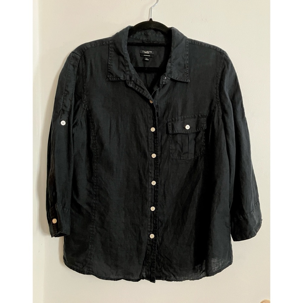 Black Irish Linen 3/4-Sleeve Collared Button-Down Women’s L